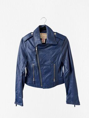 True Religion Navy Leather Cropped Moto Jacket